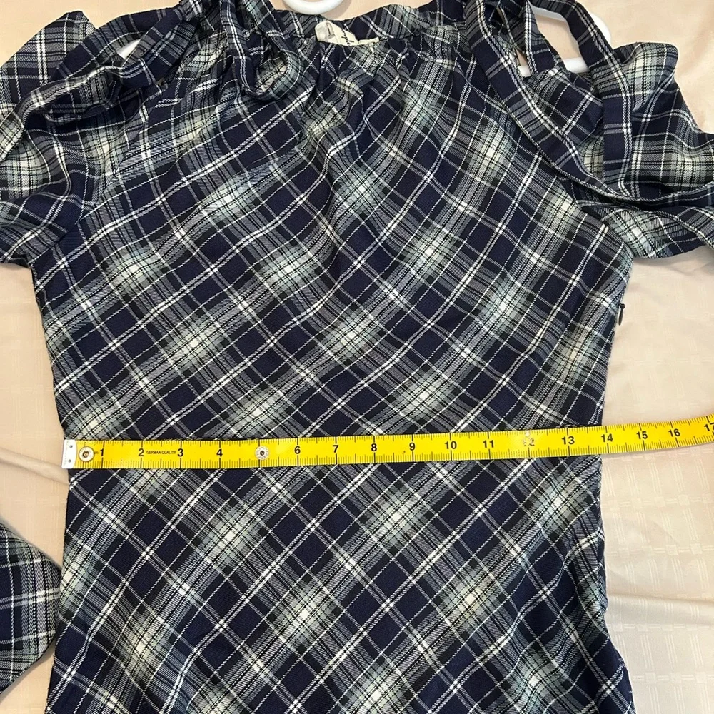 💙Vintage Cold-Shoulder Navy Plaid Midi Dress with Long Sleeves Like New size S - Picture 12 of 14
